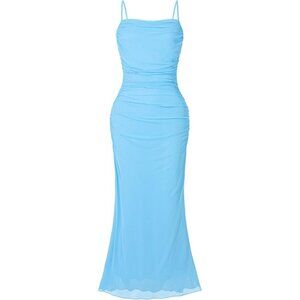 🆕 Women Blue Mesh Sexy Cami Long Dresses Floral Slip Maxi RuchedSummer Bodycon